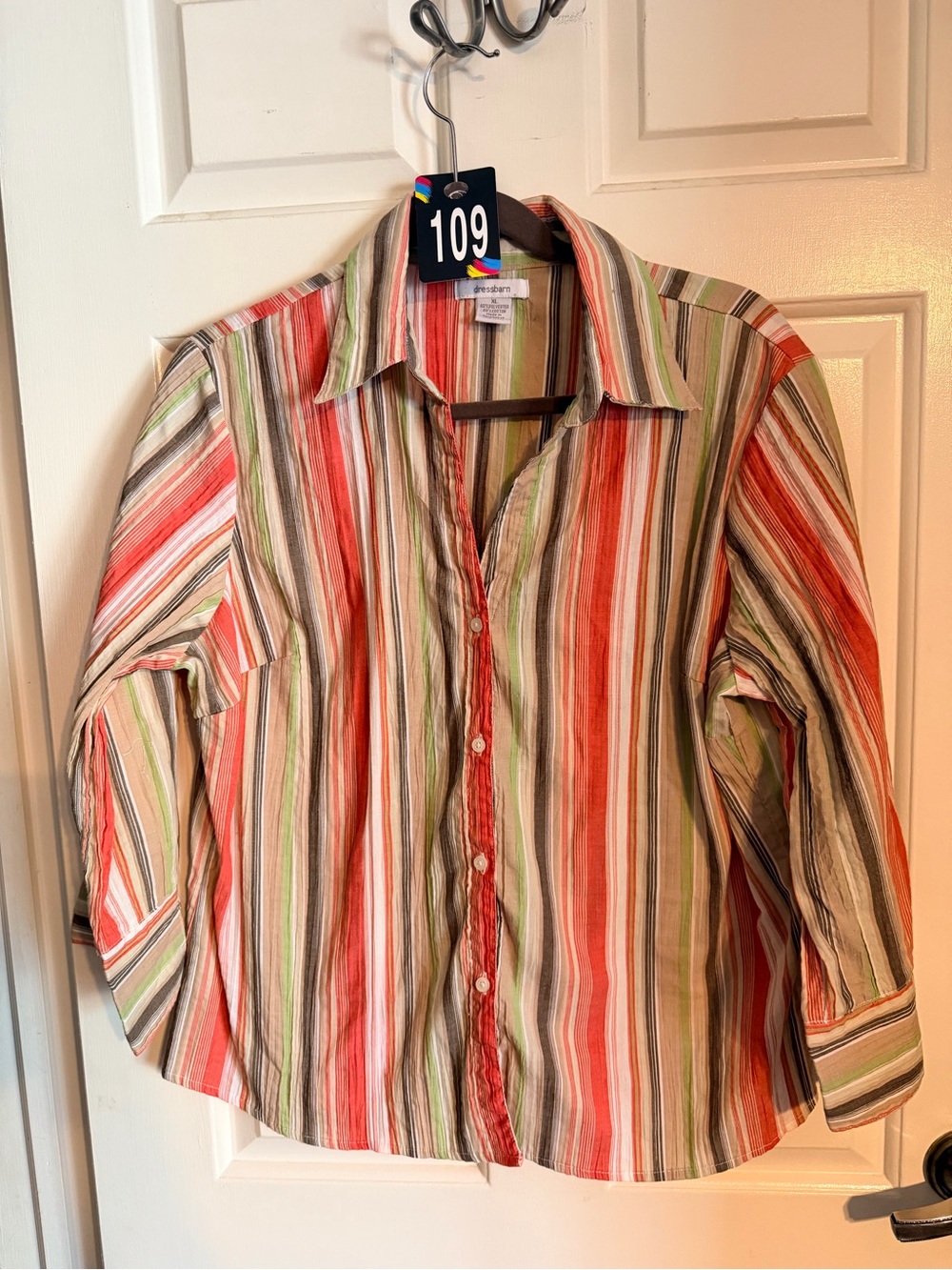 dressbarn Multicolor Striped Womens Button-Down Shirt (Red, Green, Tan, White)